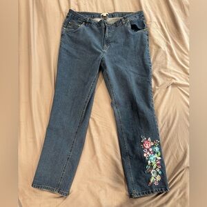 Woman Within Blue Jeans with Floral Embroidery